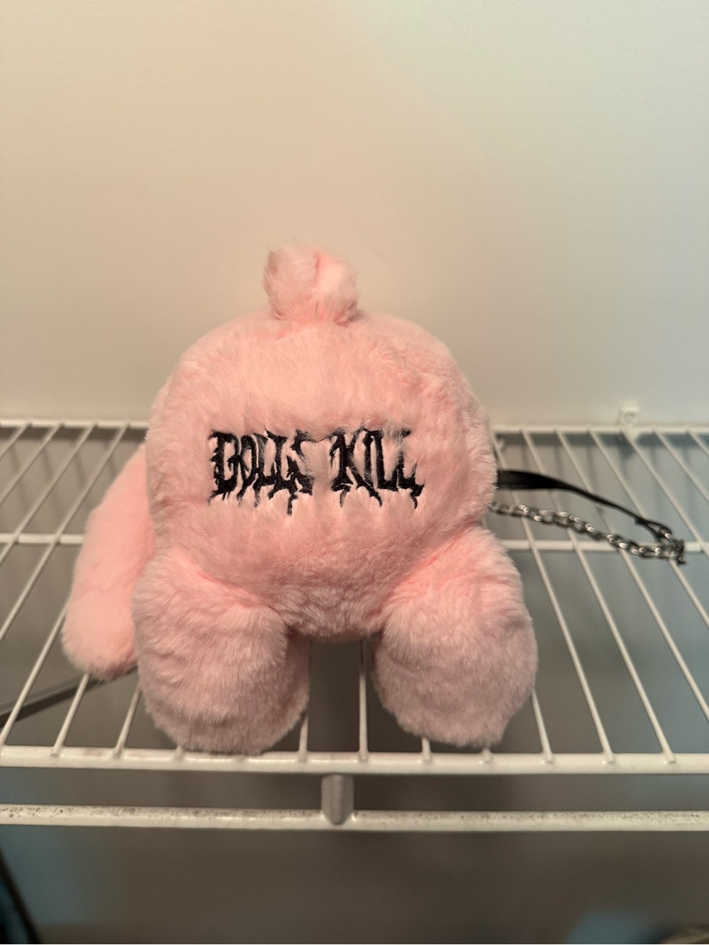 Dolls Kill Pale Pink Plush Keychain with Black Gothic Logo